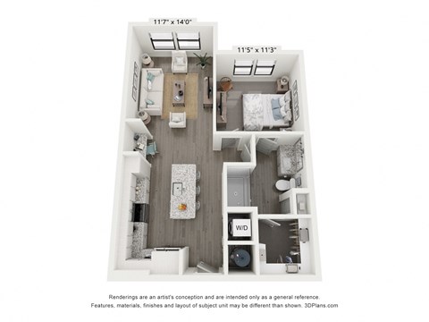 Floor plan for 1 bed, 1 bath, 764 sqft